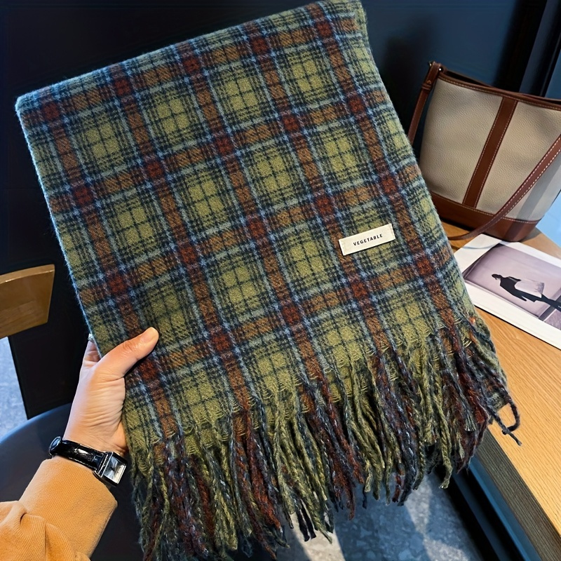 Cashmere Scarf Wrap - 빈티지 녹색 격자 무늬 술 스카프