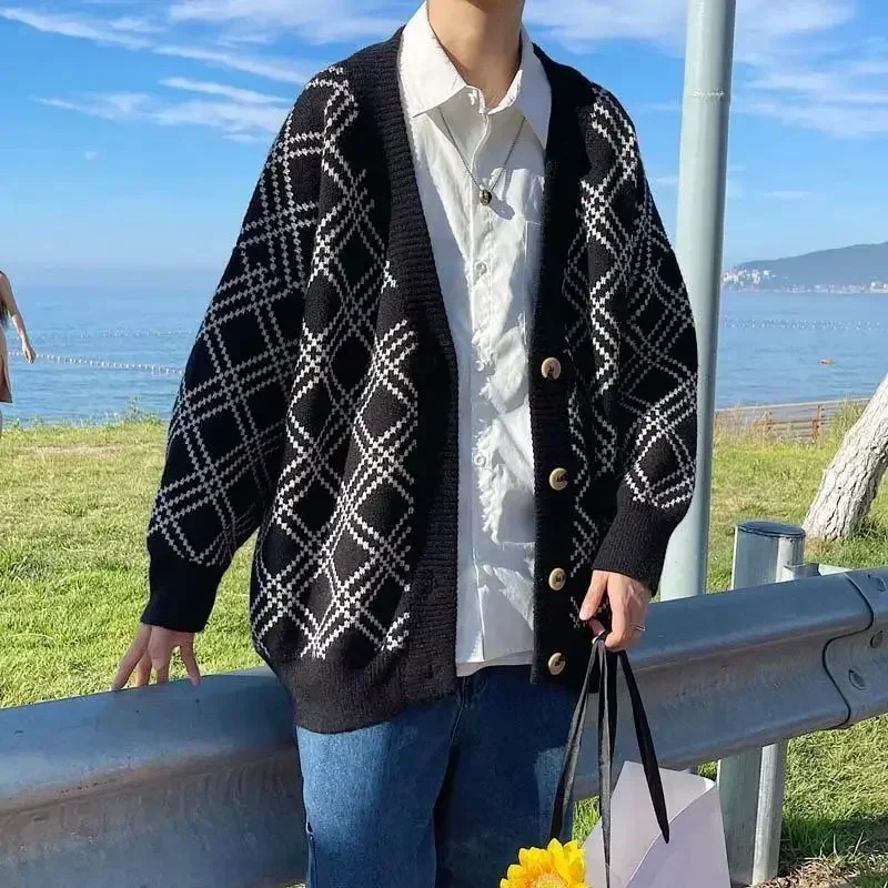 남성용 체크 무늬 니트 스웨터, 남성 재킷, 블랙 코트 - Winter Clothing Meme 리뷰 및 가격