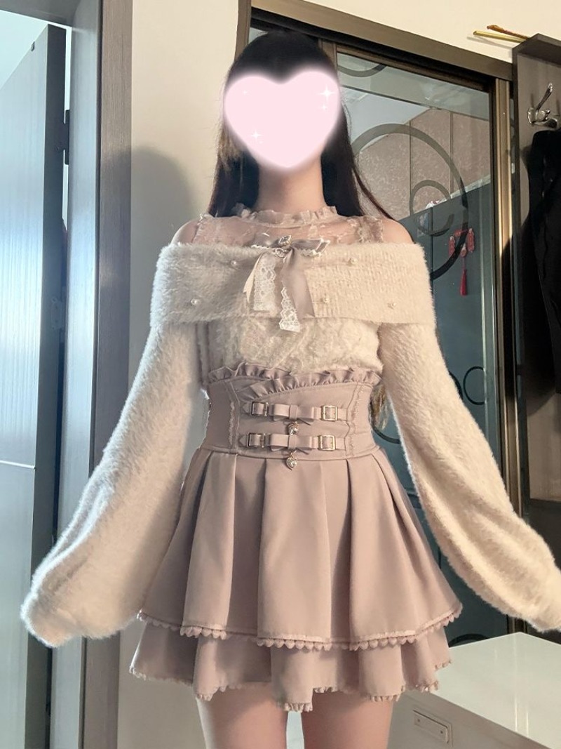 일본식 달콤한 로리타 오프 숄더 스웨터 + 핑크 하이  - Winter Clothing Men Style 리뷰 및 가격