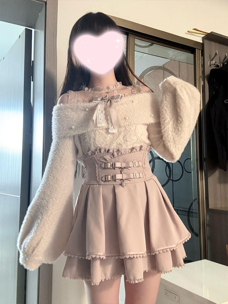일본식 달콤한 로리타 오프 숄더 스웨터 + 핑크 하이  - Winter Clothing Men Style 리뷰 및 가격